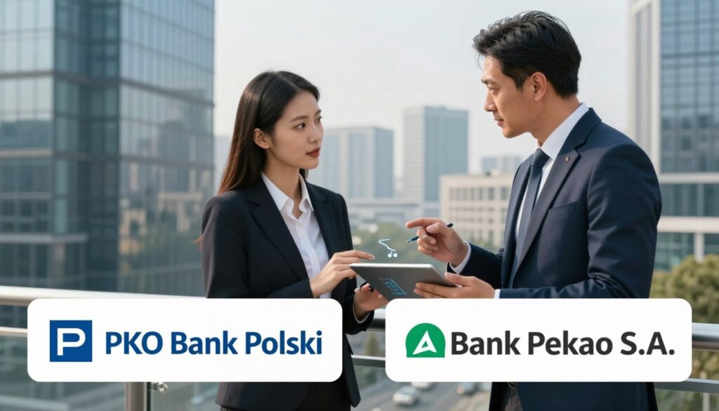 Visualize a dynamic comparison scene between PKO Bank Polski and Bank Pekao S.A., set in a modern urban environment. In the foreground, display the distinct logos of both banks with a slight separation, representing their rivalry. In the middle ground, illustrate two professional individuals, one representing each bank, dressed in formal business attire, confidently discussing financial charts and safety metrics on a digital tablet. The background features a sleek cityscape with glass office buildings, suggesting stability and growth. Use soft natural lighting to create an inviting atmosphere, with a slight focus blur on the city's horizon to draw attention to the foreground discussion. Aim for a mood of professionalism and competitiveness, capturing the essence of trust and security in banking. Visualize a dynamic comparison scene between PKO Bank Polski and Bank Pekao S.A., set in a modern urban environment. In the foreground, display the distinct logos of both banks with a slight separation, representing their rivalry. In the middle ground, illustrate two professional individuals, one representing each bank, dressed in formal business attire, confidently discussing financial charts and safety metrics on a digital tablet. The background features a sleek cityscape with glass office buildings, suggesting stability and growth. Use soft natural lighting to create an inviting atmosphere, with a slight focus blur on the city's horizon to draw attention to the foreground discussion. Aim for a mood of professionalism and competitiveness, capturing the essence of trust and security in banking.